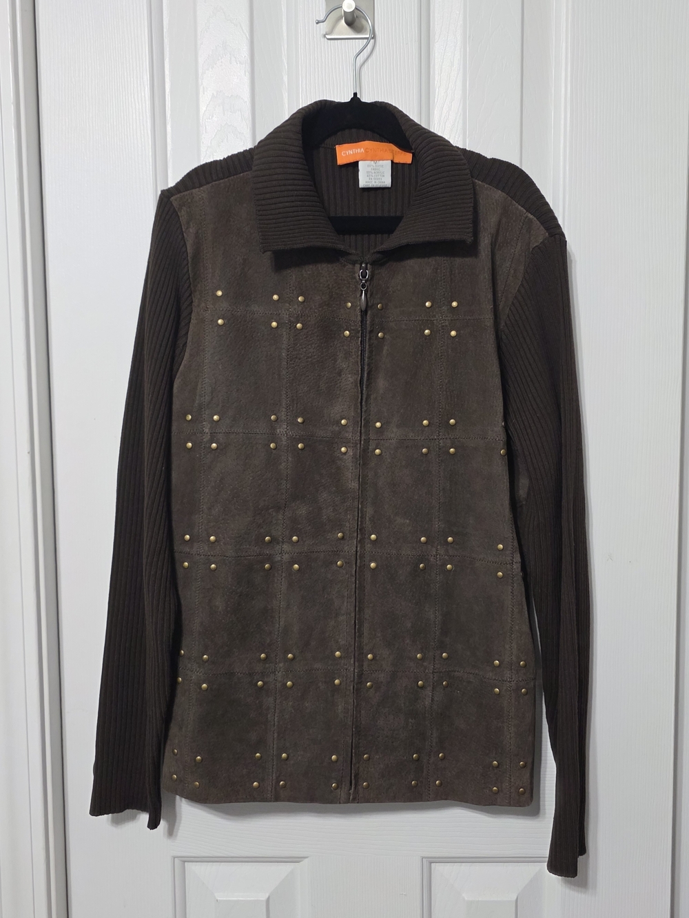Brown Suede-Front Studded Zip Jacket, Medium